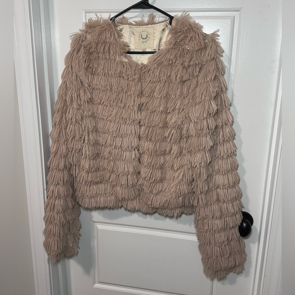 Fantastic Fawn Fringe Faux-Fur Open-Front Jacket, light blush women's size large